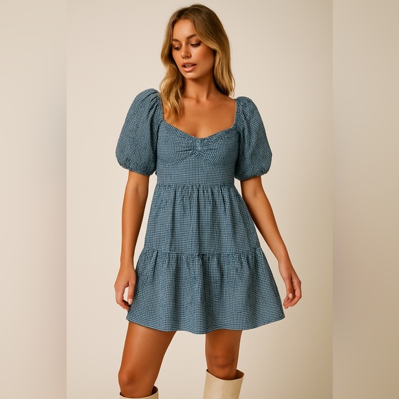 American Eagle Outfitters Dresses & Skirts - American Eagle Blue Gingham Puff Sleeve Babydoll Mini Dress NWT | Size Large